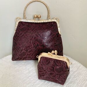 Elegant Burgundy Lace Handbag Set